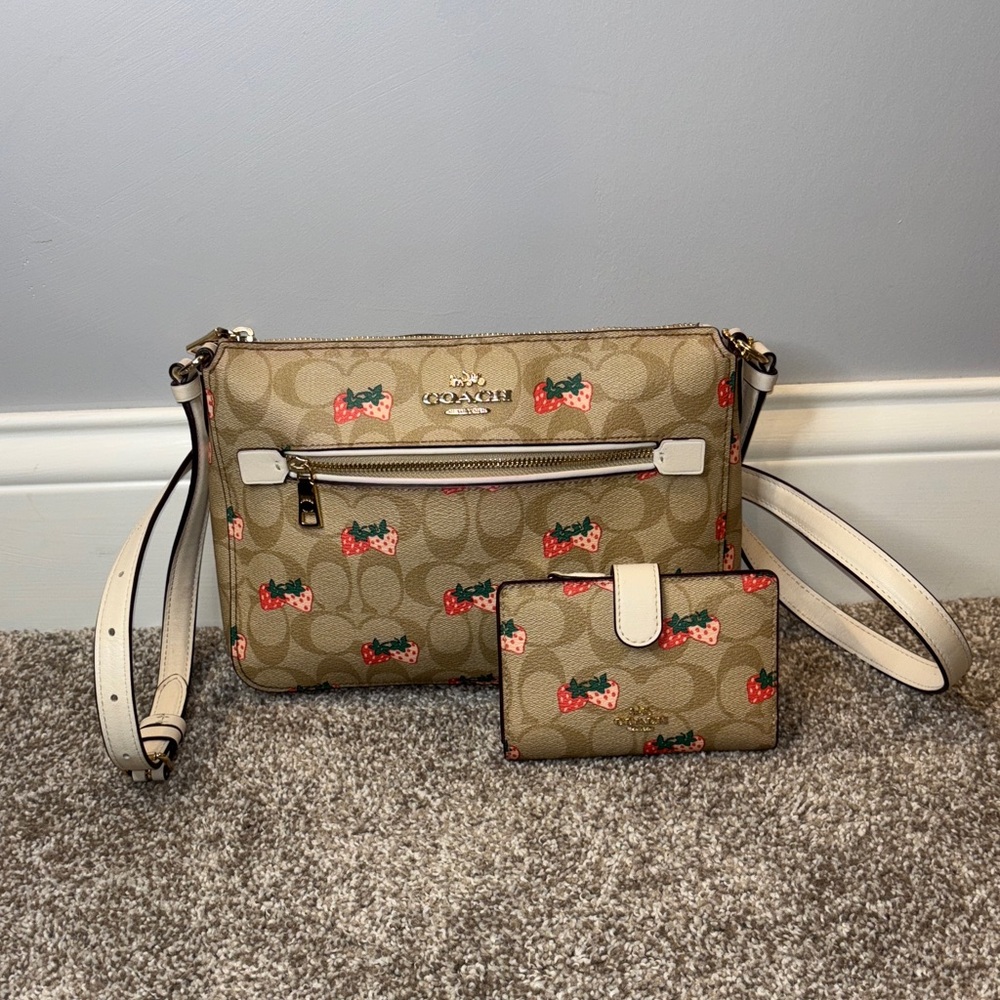 Coach Crossbody with Matching Wallet in Signature Canvas with Strawberry Print